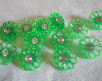 Set/ 12 VINTAGE 1/2” Pierced Green Plastic & Glass Rhinestone Flower Clothing Adornment Sewing Supply Craft Finding Closure Fastener BUTTONS
