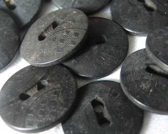 Set/ 25 VINTAGE 1/2” Pressed Design Black Plastic Adornment Embellish Clothing Sewing Supply Craft Finding Closure Fastener BUTTONS