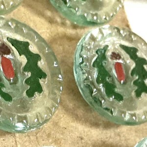 May include: A set of round, clear glass buttons featuring a scalloped edge and a painted design of two green oak leaves flanking a small brown and orange acorn. The buttons are arranged in a grid pattern on a light brown cardboard backing.