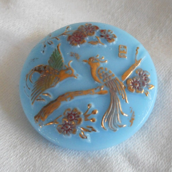 Vintage 1  1/8" Robins Egg Blue Glass Gold Flying Bird Cherry Blossom Flower Clothing Adorn Embellish Sewing Supply Closure Fastener Button