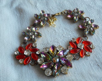 8" VINTAGE Czech Rhinestone Flower Links Adornment Accessory Embellishment Costume Jewelry Bracelet Designer Signed
