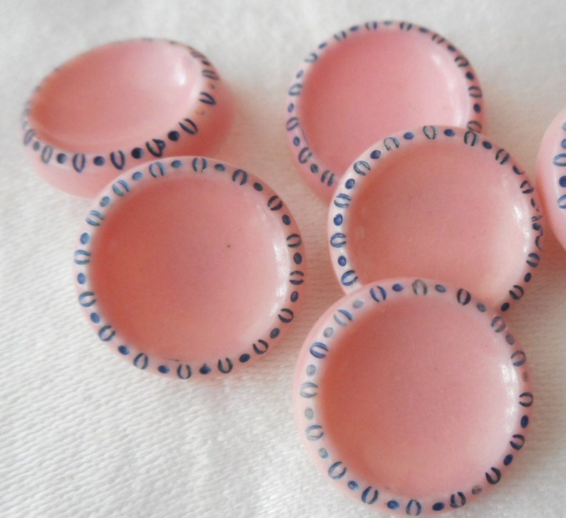 Set/ 5 VINTAGE 9/16 Pink with Blue Trim Rim Glass Costume Clothing Adorn Embellish Sewing Supply Craft Finding Closure Fastener BUTTONS image 1