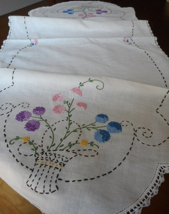 VINTAGE Embroidered Floral Basket White Linen Fabric Needle Etsy