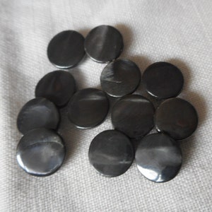 Set / 12 Flat Tiny 7/16&quot; Dyed Smokey Gray Black Iridescent Mother o Pearl Shell Clothing Adorn Embellish Sewing Supply Craft Finding BUTTONS