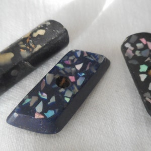 Lot/ 3 Antique VINTAGE Iridescent Fleck Inlay Round Rectangle Black Blue Composition Adorn Embellish Sewing Supply Closure Fastener BUTTONS