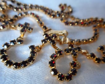 VINTAGE Garnet Red Rhinestone in Gold Metal Loop & Cross Costume Clothing Adornment Accessory Embellishment Jewelry Necklace