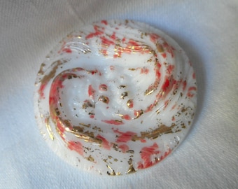 VINTAGE 1  1/8" Texture Swirl White Glass Red & Gold Spatter Paint Adornment Embellish Sewing Supply Craft Finding Closure Fastener BUTTON