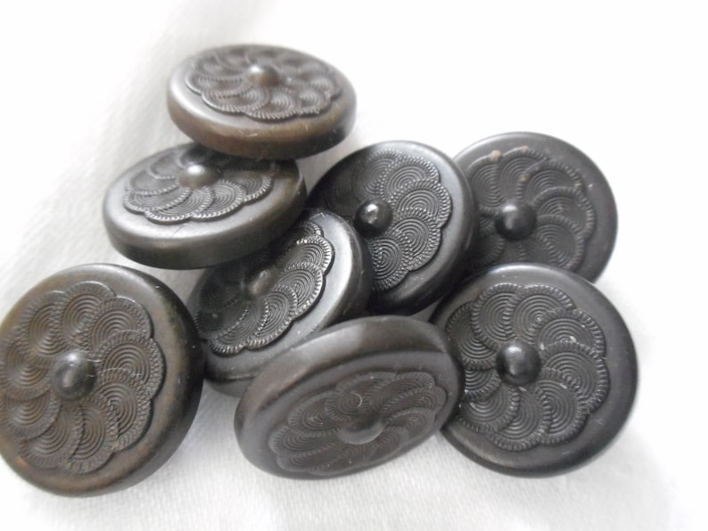 Set 8 ANTIQUE VINTAGE Swirl Petal Flower Black Signed Goodyear Rubber Metal Shank Collectible Sewing Supply Craft Closure Finding BUTTONS