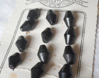 Set/ 12 ANTIQUE VINTAGE 3/8” Toggle Shape Black Glass Tiny Baby Clothing Adorn Embellish Sewing Supply Craft Closure Fastener BUTTONS