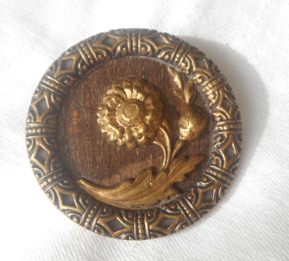 1 1/2” Antique Vintage Metal Flower Wood Back Pierced Roll Rim Costume Clothing Adorn Embellish Sewing Supply Craft Fastener BUTTON