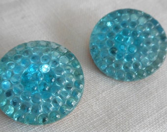Set/ 2 VINTAGE 3/4” Blue Mirror Back Glass Pebble Top Costume Clothing Adorn Embellish  Sewing Supply Craft Finding Closure Fastener BUTTONS
