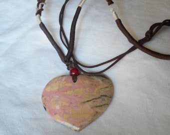 VINTAGE Realistic Heart Pink Rhodochrosite Stone Costume Clothing Jewelry Adjustable Fabric Cord Adorn Accessory Necklace