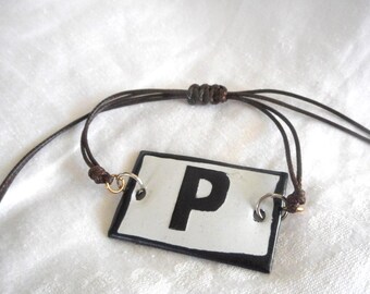Vintage Enamel Initial 'P' Bracelet, Black White Monogram Jewelry