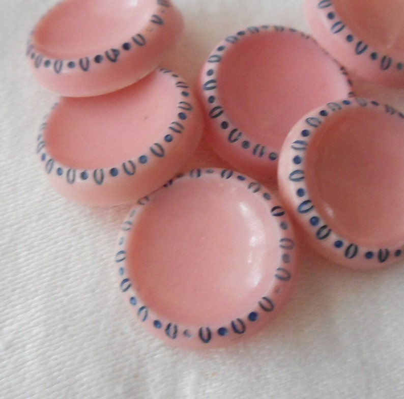 Set/ 5 VINTAGE 9/16 Pink with Blue Trim Rim Glass Costume Clothing Adorn Embellish Sewing Supply Craft Finding Closure Fastener BUTTONS image 3