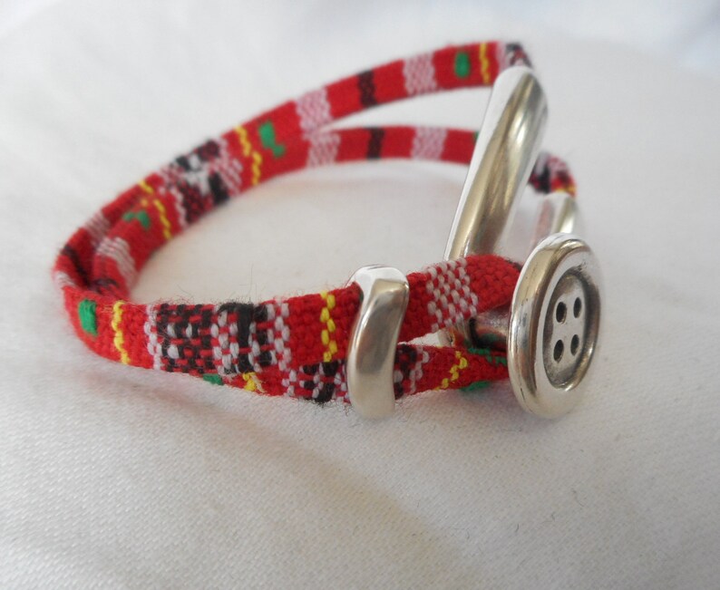 Ethnic Tribal Fabric Silver Button Hook Costume Jewelry Handmade Bracelet