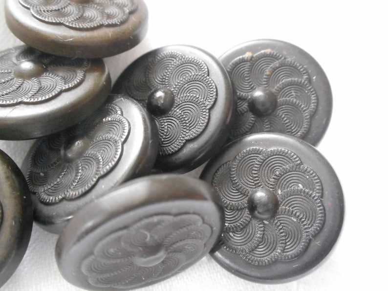Set 8 ANTIQUE VINTAGE Swirl Petal Flower Black Signed Goodyear Rubber Metal Shank Collectible Sewing Supply Craft Closure Finding BUTTONS