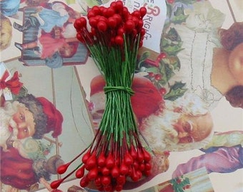 Christmas Red Holly Berries Stamens Tiny 1/4 inch 72 Pieces 144 Berries