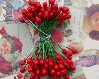 Christmas Red Holly Berries Stamens Small  5/16 inch 72 Pieces 144 Berries