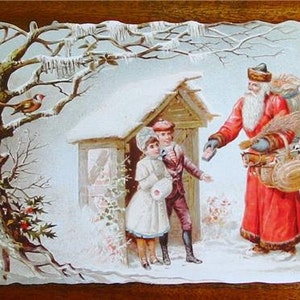 New German Victorian Scrap Santa Claus with Children in Winter Woods Christmas