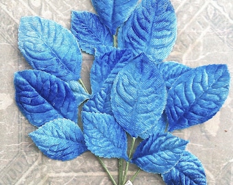 May include: A cluster of vibrant blue velvet leaves on a green stem. The leaves have detailed veining and a soft texture. A small tag that says "JAPAN" is attached to the stem. The leaves are arranged in a natural, decorative style.