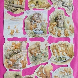 May include: A vintage children's book illustration featuring a red squirrel and an owl. The illustration is from the book "The Tale of Squirrel Nutkin" by Beatrix Potter. The illustration is printed on a white background with a pink border.