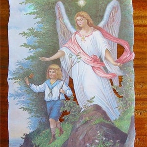 New German Victorian Scrap Paper Guardian Angel with Boy