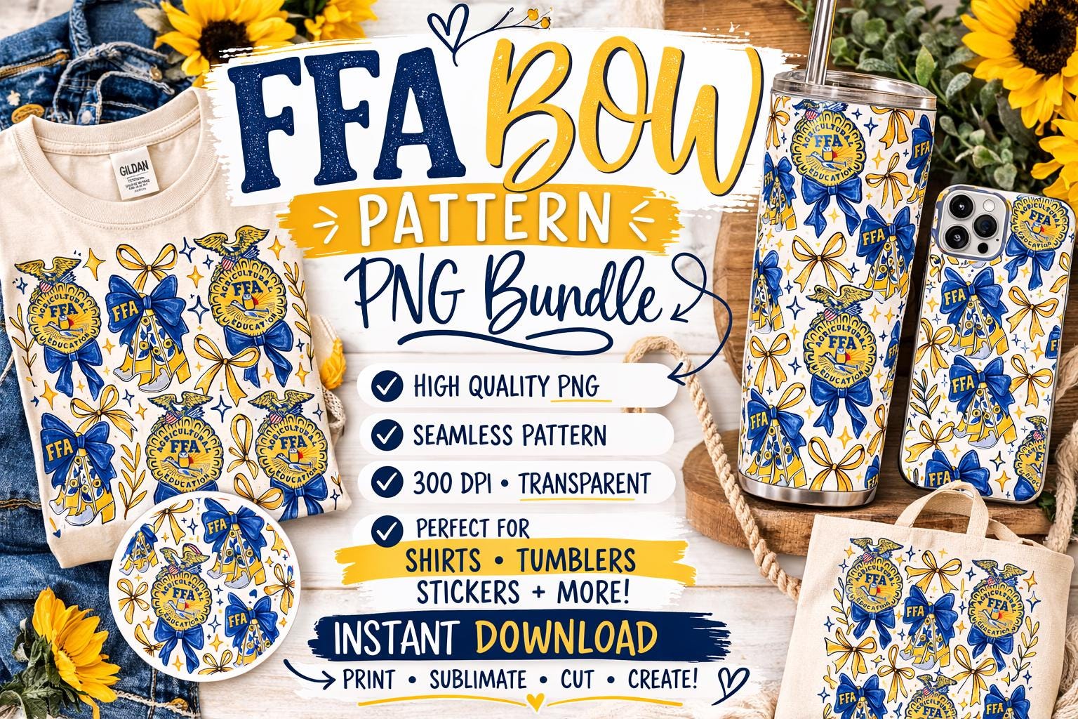 FFA Bow Pattern PNG | Blue Jacket Seamless Sublimation Design (digital ...