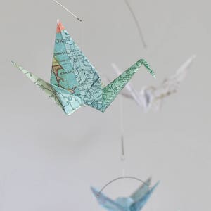Wanderlust Map Mobile Origami Paper Crane Mobile Traveler Nursery Decor Blue Map Bird Mobile Hanging Kinetic Art Baby Girl Gift Baby Boy