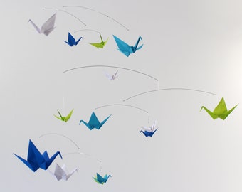 Blue Baby Mobile Origami Paper Crane Hanging Mobile Bird Mobile Nursery Decor Kinetic Art Baby Boy Mobile Baby Shower Gift Blue Green Mobile