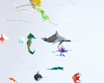 Nautical Swirling Sea Custom Origami Paper Mobile Ocean Whale Theme Mobile Modern Nursery Decor Baby Room Mobile Sea Creature Kinetic Art