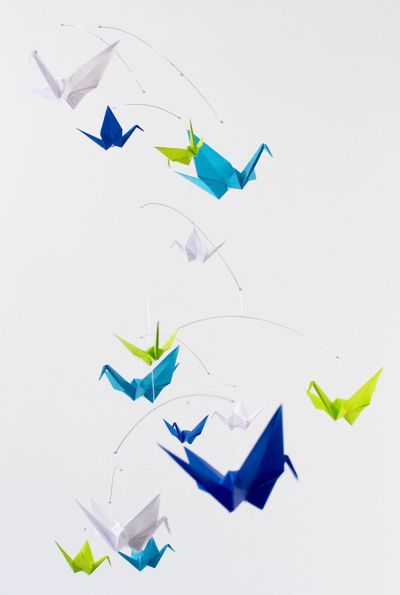 Origami Paper Crane Hanging Mobile Blues Green White Bird Etsy
