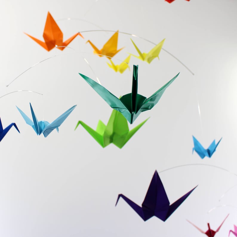 Custom Mobile Origami Ceiling Art, Colorful Nursery Room Decor ,Extra Large Paper Crane Mobile, Hanging Kinetic Art Mobile, Baby Shower Gift image 4