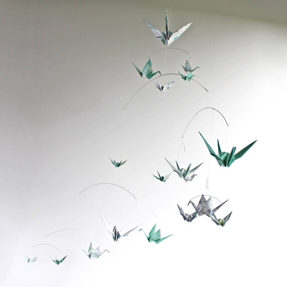 Aqua Baby Mobile Origami Paper Crane Hanging Mobile Ocean Print Nursery Decor Paper Bird Mobile Kinetic Art Decor Baby Gift