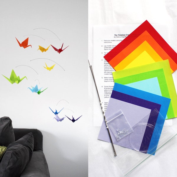 Mobile Making Kit, Nursery Mobile Kit, Rainbow Origami Paper Crane Hanging Mobile Kit, DIY Mobile for Nursery, Make a Mobile Kit