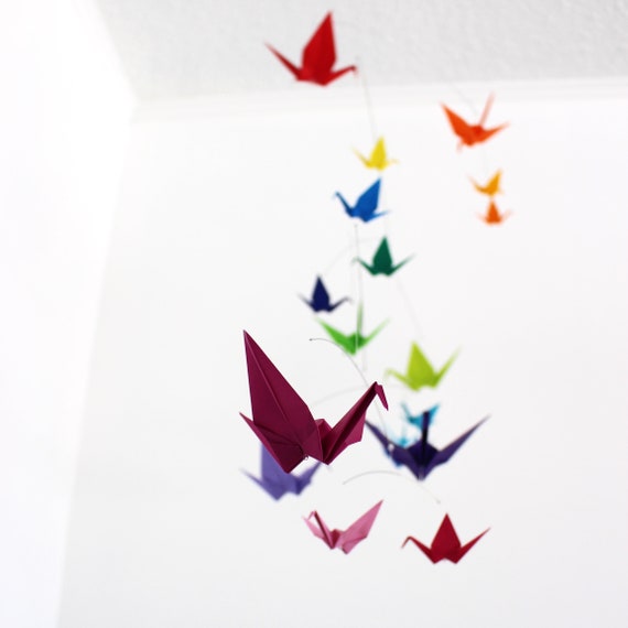 Large Rainbow Mobile Origami Paper Crane Hanging Bird Mobile Etsy
