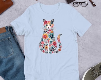 Cat Floral Shirt – Aesthetic Cat Lover Tee with Flowers, Cute Pet Graphic T-Shirt, Vintage Boho Cat Mom Gift, Nature-Inspired Kitty Top
