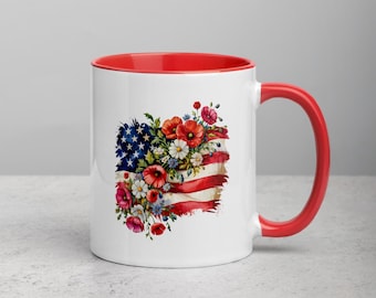 Mug floral drapeau américain : cadeau patriotique du 4 juillet