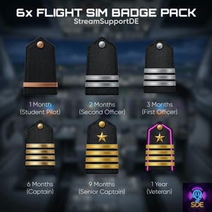 6x Badge per abbonati a Flight Simulator | Spalline con gradi da pilota per Twitch e Discord | Badge Aviation Bit | Emote per streamer MSFS Airplane Pilot