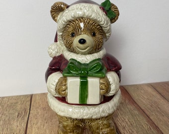 Vintage OTAGIRI Ceramic Christmas Teddy Bear Candy/treat/cookie Jar Hand Painted