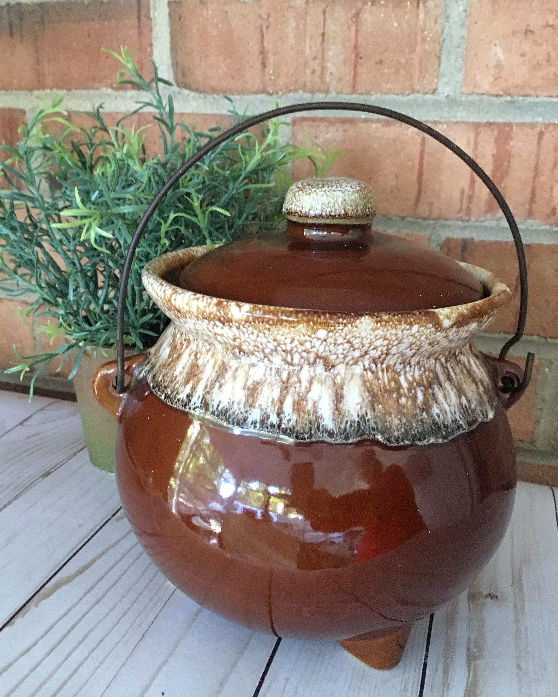 Vintage Brown Drip Glaze Bean Pot with Lid and Etsy