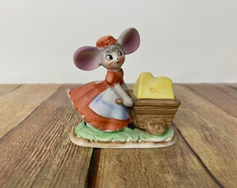 Vintage Lefton Porcelain Anthropomorphic Girl Mouse Figurine with Cheese in a Wheel Barrrow