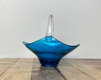 Vintage Viking Epic Blunique Blue Glass Clear Applied Handle Basket
