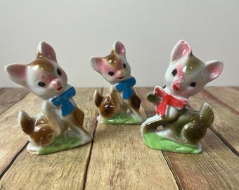 Vintage Set of 3 Porcelain Deer, Forest Puppies all dressed up with Bows