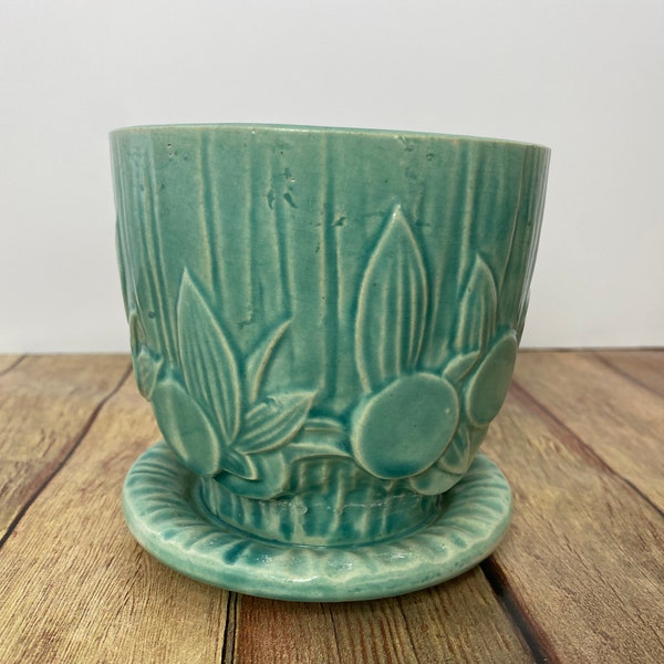 Nelson McCoy 1940’s Turquoise Planter with Under-plate, Sand dollar design, 4.25”,