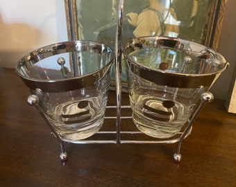 Vintage “Dorothy Thorpe-esque” Sugar and Creamer Glasses, Matching silver caddy, Super cute, Vintage Serveware, Vintage Tableware