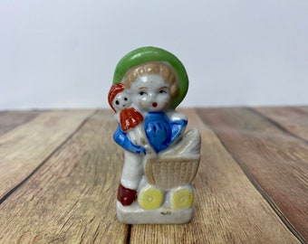 Vintage Little Girl with Baby Doll & Carriage Ceramic Figurine Made In Japan