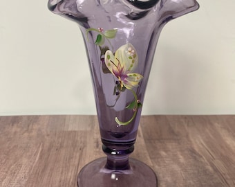 Fenton Amethyst Color Ruffled Trumpet Vase with Hand Painted Butterflies and Flowers by C. Mackey
