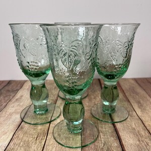 Set Of 4 Recycled Green Glass Water Goblets With Grapevine Motif, Glasses