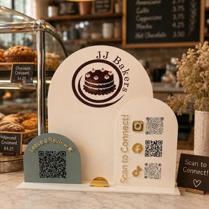 Acryl QR-standaard met visitekaarthouder | Display met logo op maat voor uw stand | Standbord voor verkopers afbeelding 11
