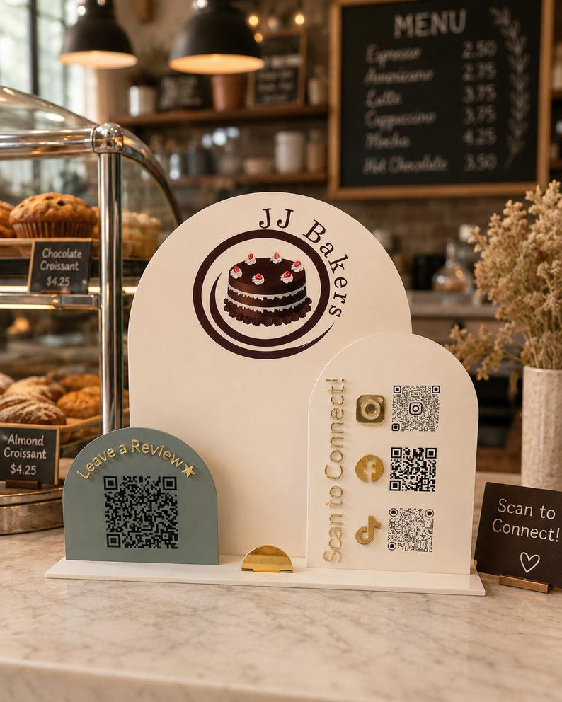 Acryl QR-standaard met visitekaarthouder | Display met logo op maat voor uw stand | Standbord voor verkopers afbeelding 11